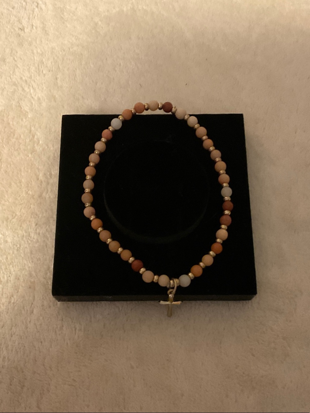 Neutral Multi-Bead Stretch Bracelet with Gold Cross Charm